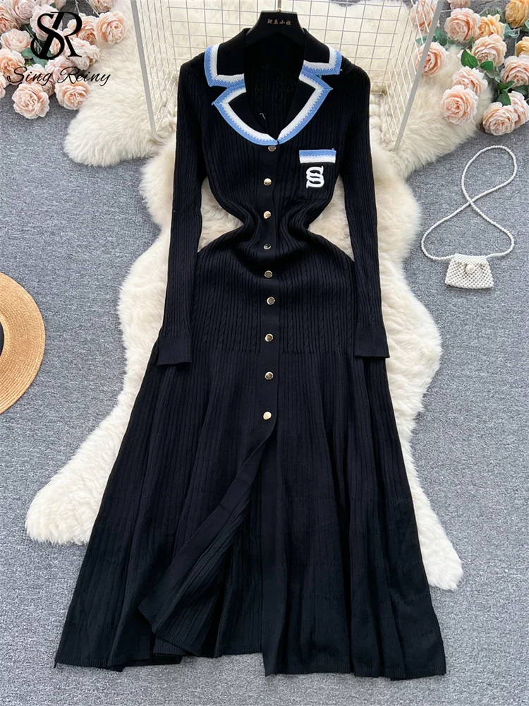 SINGREINY ملابس الربيع فستان المرأة 2025 بولو واحدة الصدر جيب تصميم Bodycon الحياكة مزاجه سترة فساتين طويلة #6