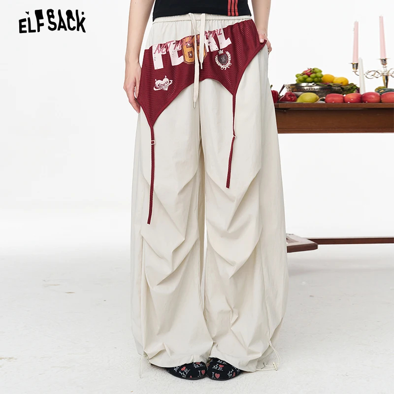 ELFSACK Women's Streetwear Baggy Cargo Pants, High Waist Patchwork A-Line Trousers, Y2K Loose Wide Leg Pants with Letter Print