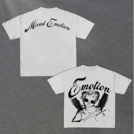 2026 Retro Gothic Angel Art Print T Shirt Double Sided Design Vintage Script Text Loose Drop Shoulder Casual Daily Wear Tops