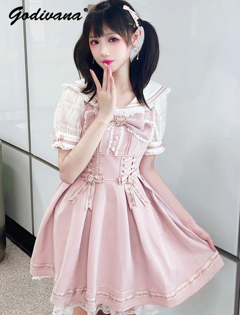 Spring Summer Women's Dress Japanese Style Girl Sweet Sailor Collar Fashion Short Sleeve Dress Lolita Liz Rhinestone Bow Dress