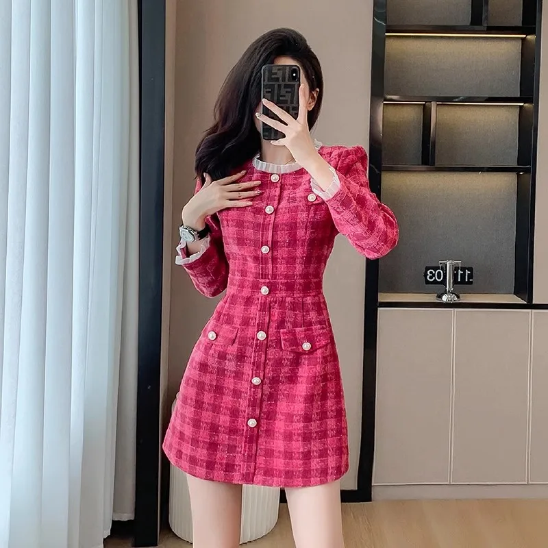 

Fashion Sweet Small Fragrant Tweed Plaid Short Dress For Women France Fall Winter O Neck Chiffon Trim Long Sleeve Buttons Dress