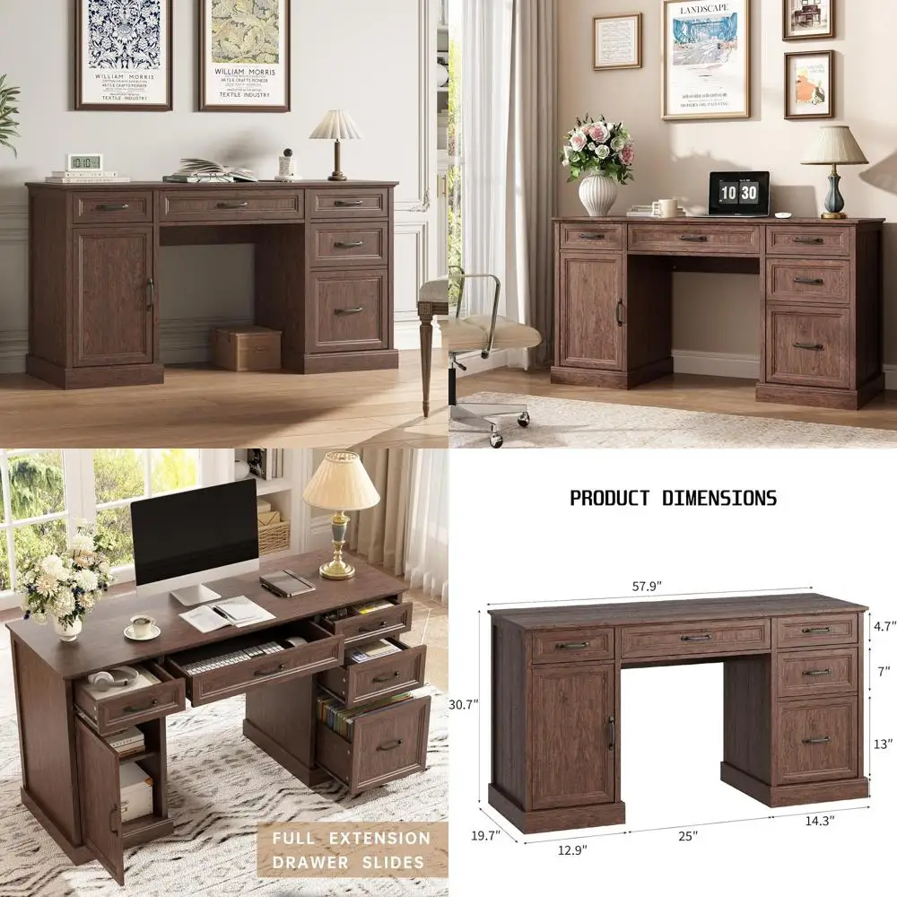 

Большой офисный стол для руководителя 58 Executive с ящиками и шкафом для хранения, подходит для работы за компьютером, учебы, письма, в деревенском стиле, коричневый