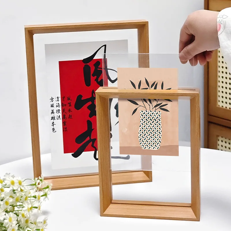 Double-Sided Transparent Acrylic Glass  Wood Picture Frame Display Stand 5 6 7 8 A4 Size Frame Calligraphy Art Display