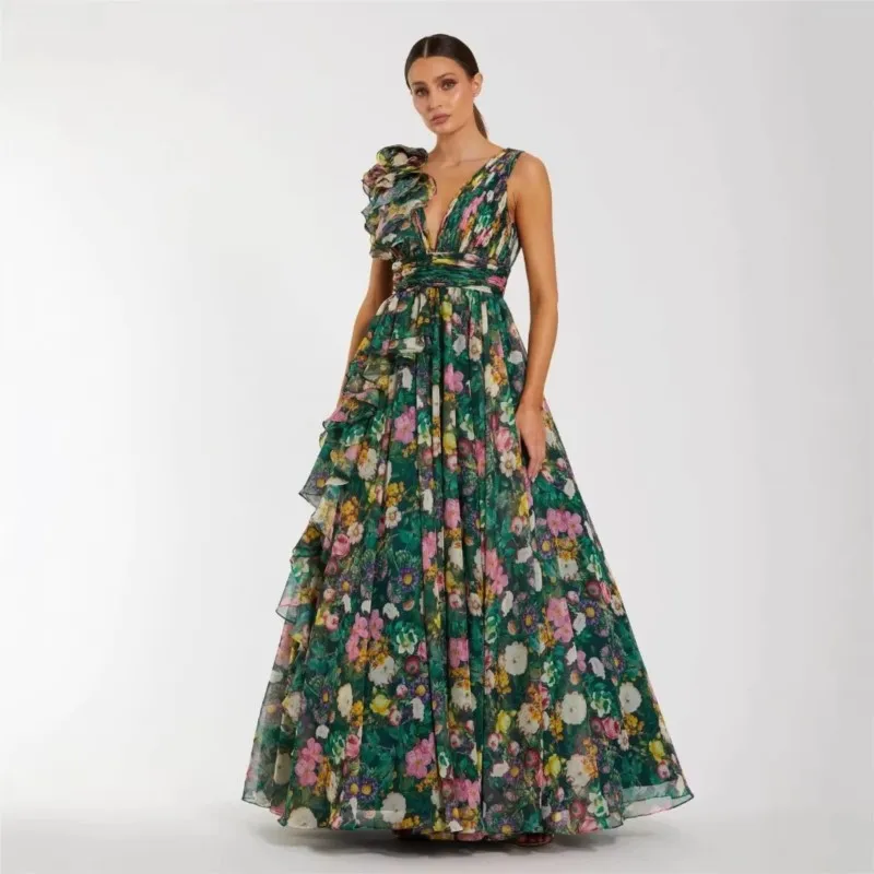 

Retro Floral Print Maxi Dress for Women 2026 Sleeveless Off Shoulder Ruffled Elegant A-Line Dresses Evening Party Beach Vacation