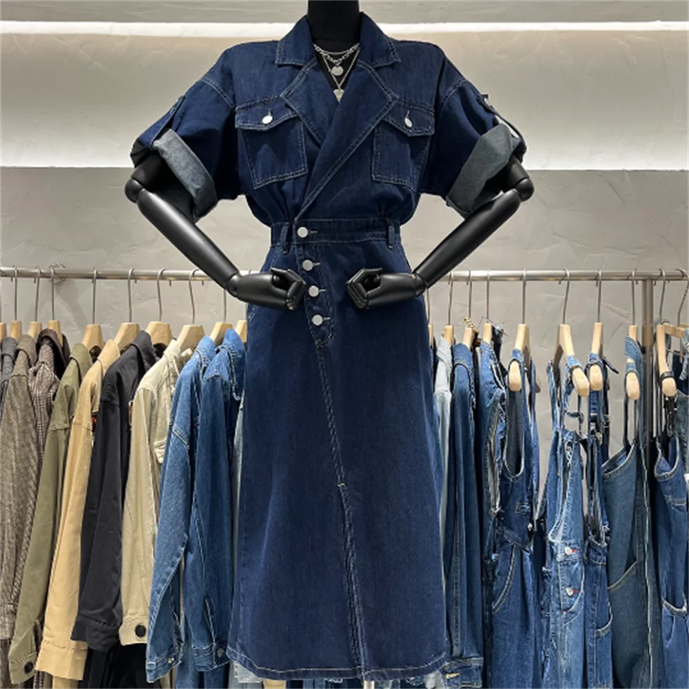 

New suit collar denim dress asymmetrical design pocket jeans women dress