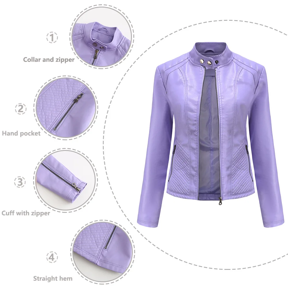 popular Women's Long Sleeved Zipper Motorcycle Jacket, Casual Leather Jacket, Simple and Trendy Clothing, Autumn and Winter