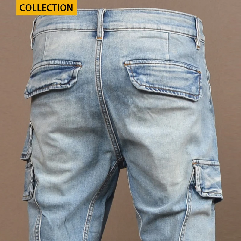 Jeans jeans stretch azul retrô masculino, slim fit, calça de motoqueiro estilista emendada, bolso grande, hip-hop, moda de rua