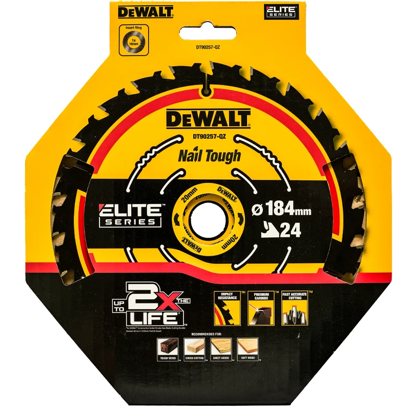 DEWALT DT90257 Экстремальное полотно циркулярной пилы: 2 раза в срок службы, 184 мм X24T, сверхострая резка, конструкция в длительный (аксессуары для электроинструментов)