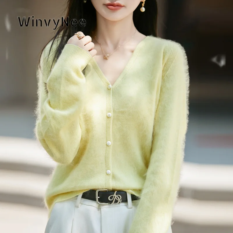 WinvyNee Women Soft Fuzzy Knit Cardigan Cashmere V Neck Long Sleeve Brushed Fabric Autumn Winter Elegant Casual Garment B1713019