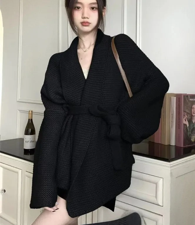 

Lazy Knitted Jacket Women's Soft Thin Belted Sweater Cardigan Elegant Style Long Sleeve Polo Collar Loose Fit Cotton