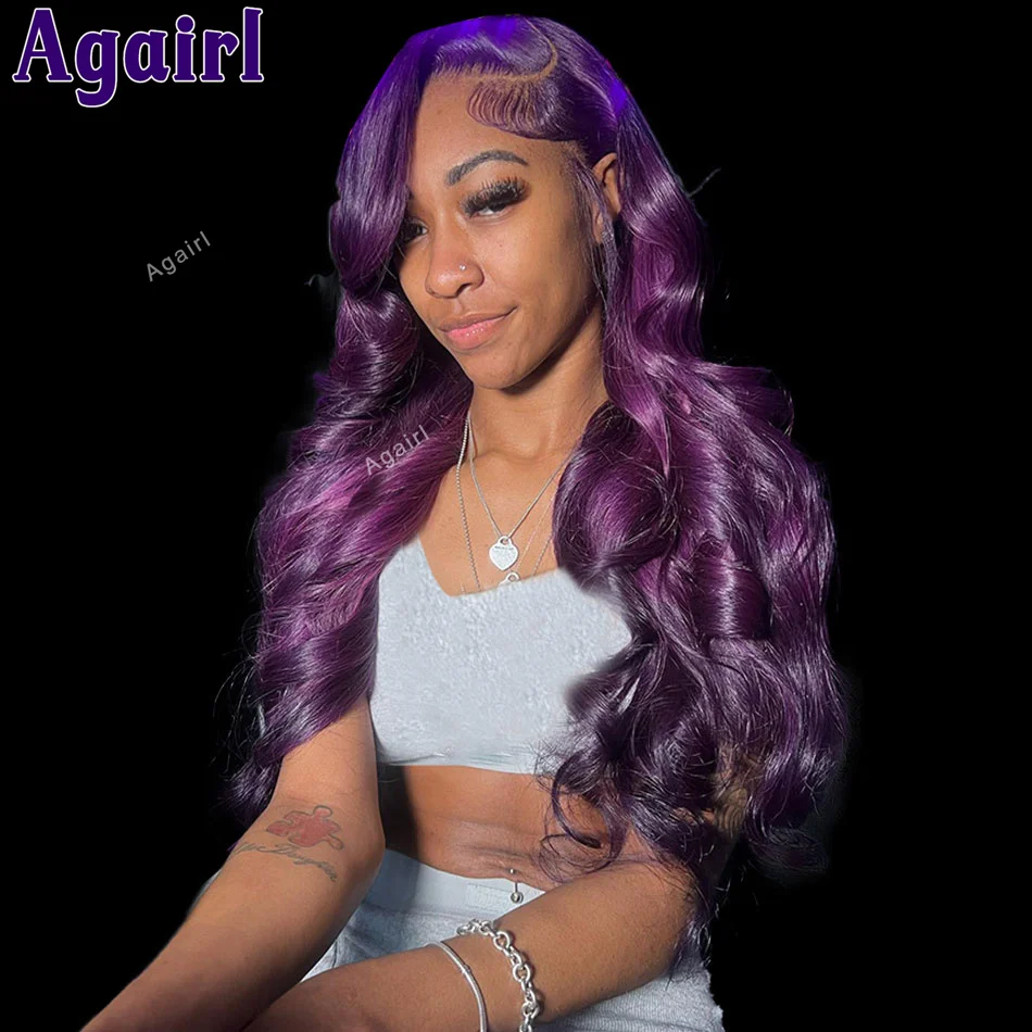 Perruque Lace Front Wig Body Wave Naturelle, Cheveux Humains, Violet Foncé, Transparent, 13x4, Densité 200, Prêt à l'emploi, pour Femme