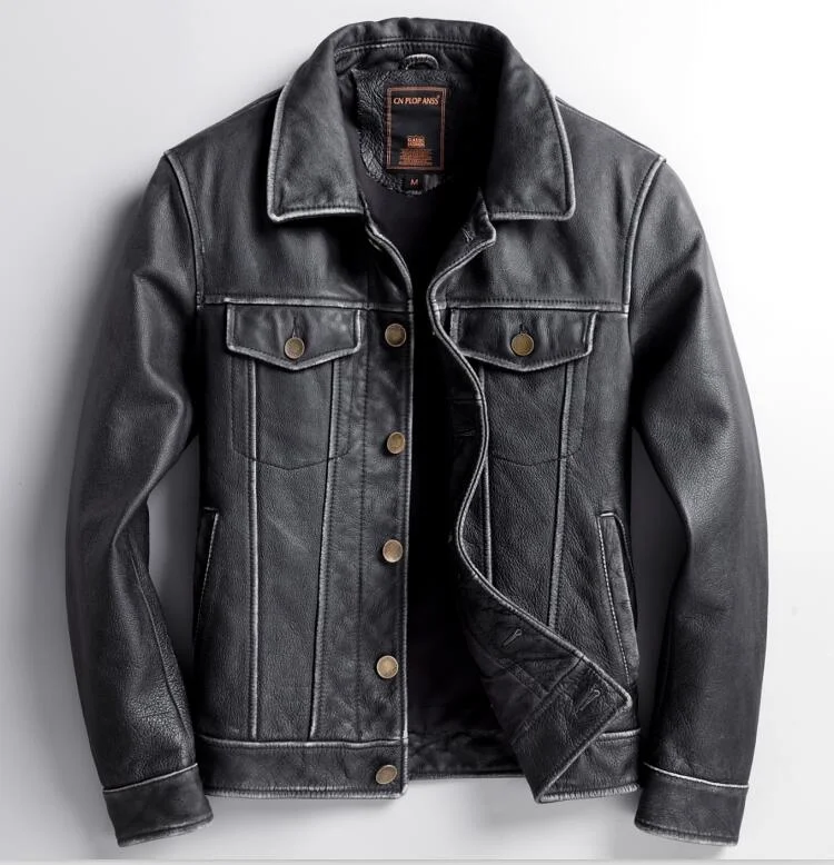 mens new Free shipping.Brand genuine leather jacket.classic vintage style cowhide coat.quality slim cowboy leather clothes