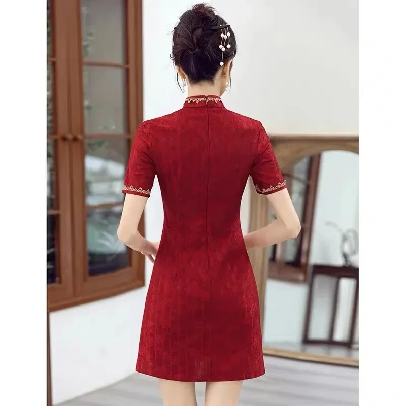 Traditional Chinese Clothing Red Cheongsam Summer New Modern Improved Young Short Qipao Dress New Year CNY