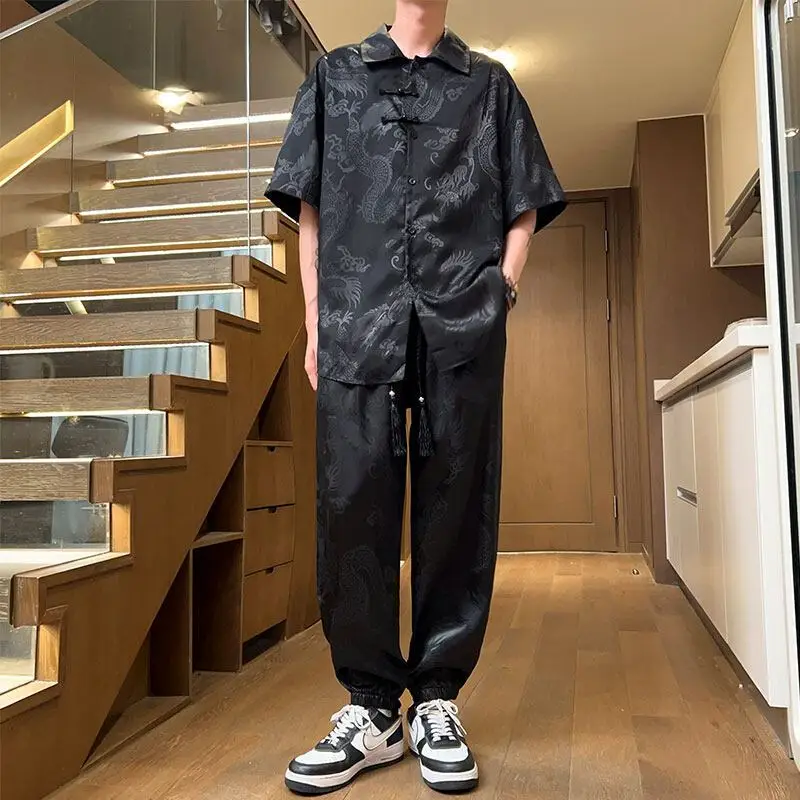 Summer and Autumn Season Chinese Style Ice Silk Dragon Pattern Short Sleeved Shirt Loose Casual Shirt Jacket for Men