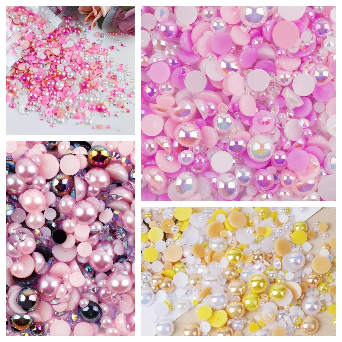 1100Pcs Flat Back Pearls And Rhinestones, 30g Mixed Size 3mm-10mm Ab Color Resin Rhinestones Semi-Circular Pearl