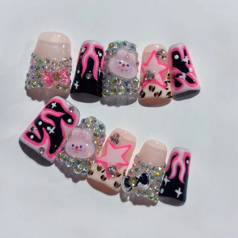 

10pcs Cute Duckbill Handmade Nails Trendy Y2K French Full Diamond Sparkling Fashion Fake Nail Art Short Kawaii Press On Nails