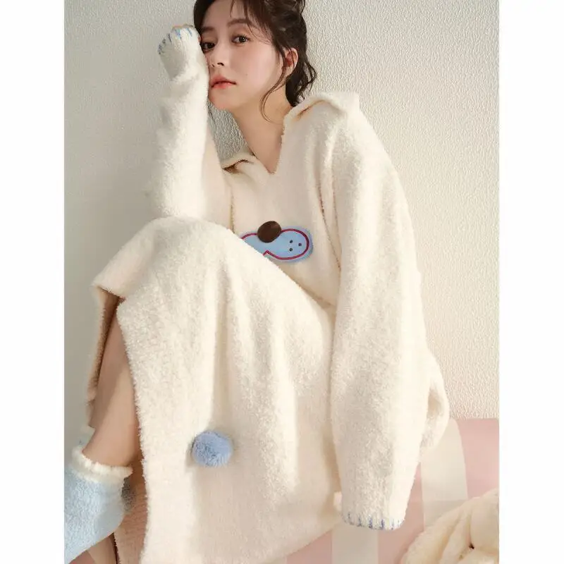 Pakaian Rumah Musim Dingin Gadis Kawaii, Dapat Dipakai Sebagai Pakaian Luar, Pakaian Tidur, Menjaga Kehangatan, Pakaian Tidur Tebal, Set Piyama Bulu Karang Lucu