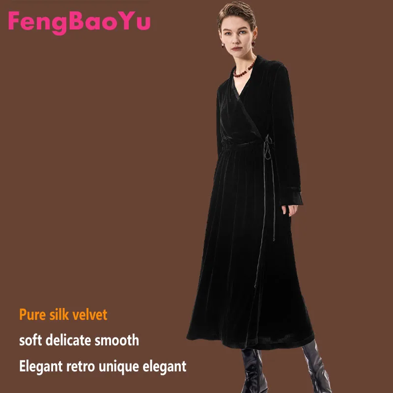 

Fengbaoyu Natural Silk Velvet Women's V-neck Elegant and Sophisticated Loose and Comfortable Skirt Luxury Casual Wear