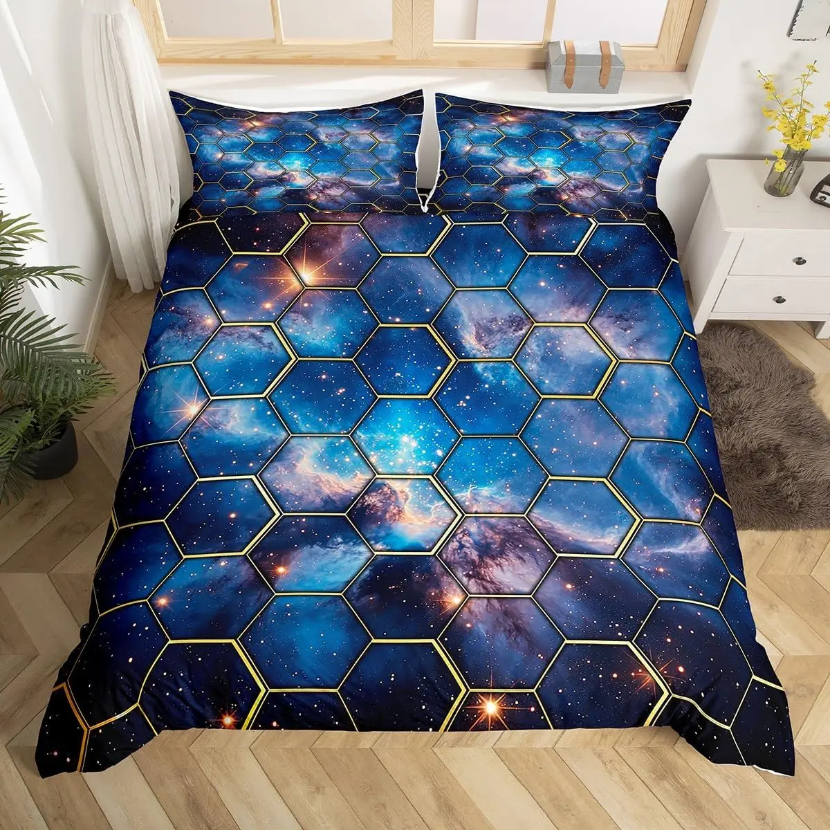 Geometric Honeycomb Duvet Cover Twin Queen Size, Hexagon Galaxy Bedding Set,Universe Starry Sky Comforter Cover for Dorm Room