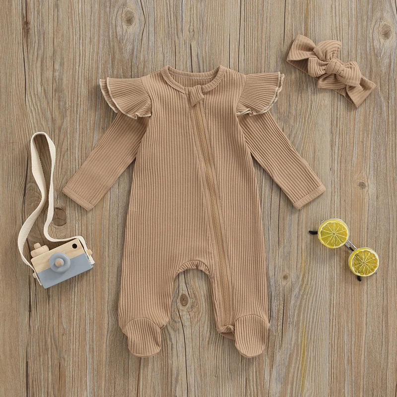 0-6M Newborn Infant Baby Girls Jumpsuit Knitted Soft Ruffles Long Sleeve Romper Playsuit Autumn Spring Baby Clothing