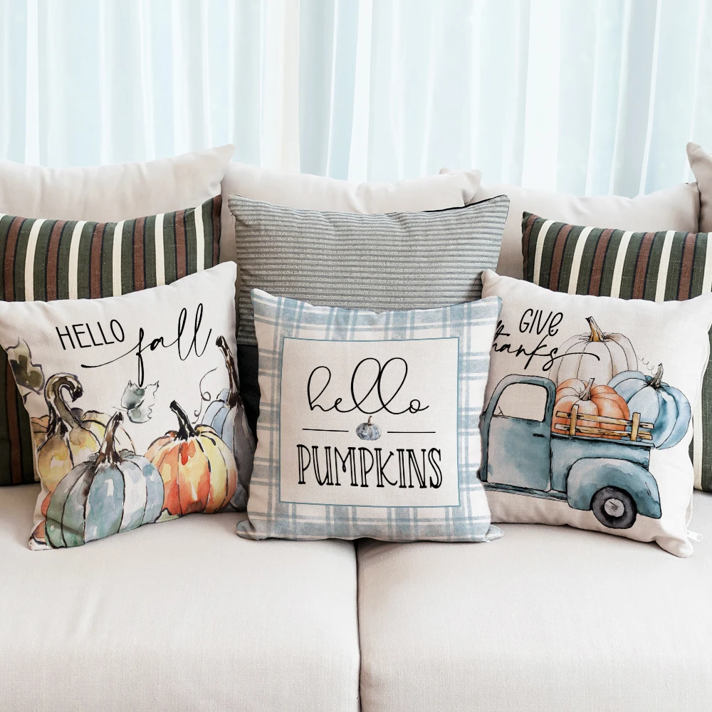 1pc/4pcs Autumn Watercolor Pumpkin Pillowcover Pumpkin Truck Light Blue Plaid Sofa Cushion Cover Happy Autumn Harvest Home Decor