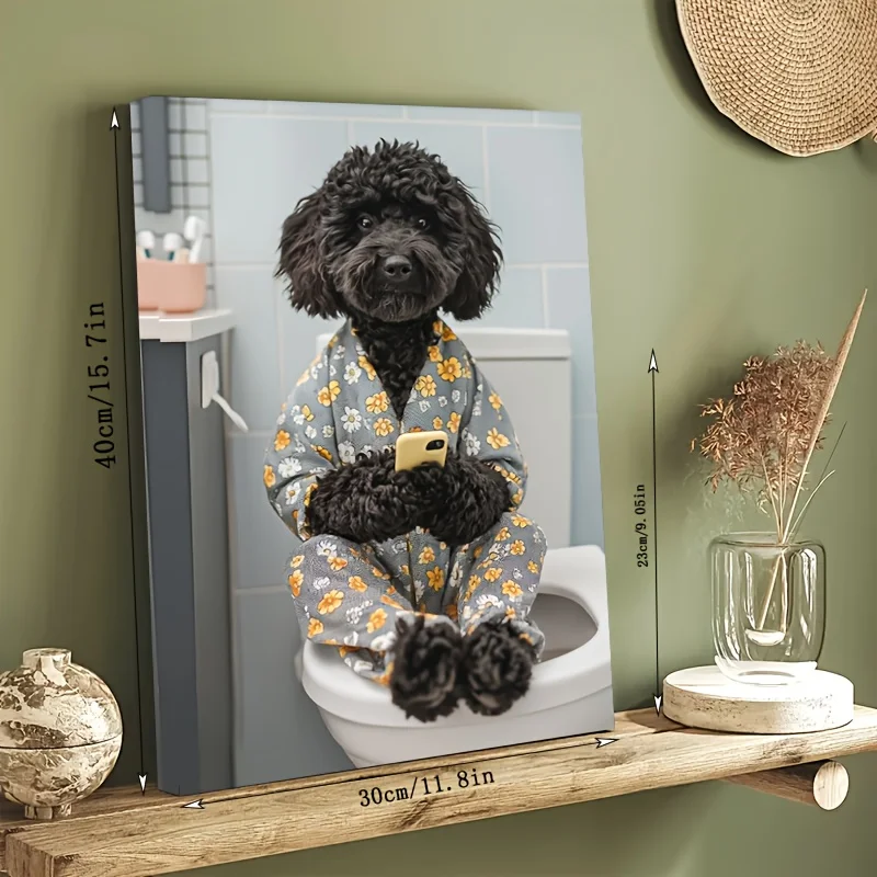 Funny Black Goldendoodle On Toilet Canvas Wall Art - Framed Decorative Print Living Room & Bedroom, Perfect For Christmas