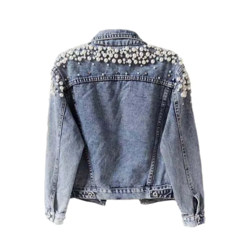 Women Fashion Beaded Decoration Jacket Spring Autumn Casual Commuter Denim Coat Female Lapel Single-breasted Cardigan Outerwear