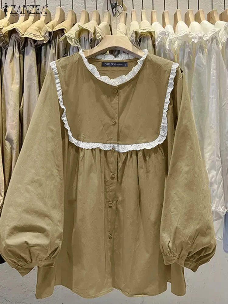 

ZANZEA Women's Casual Chemise Tops Long Lantern Sleeve Lace Trim Vintage 2025 Spring Shirts Solid Ruffled O Neck Elegant Blouses