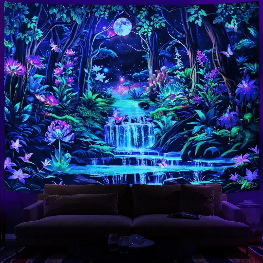 

UV Reactive Neon Moon Tapestry - Trippy Plant Wall Hanging for Home Decor (51.2x59.1)