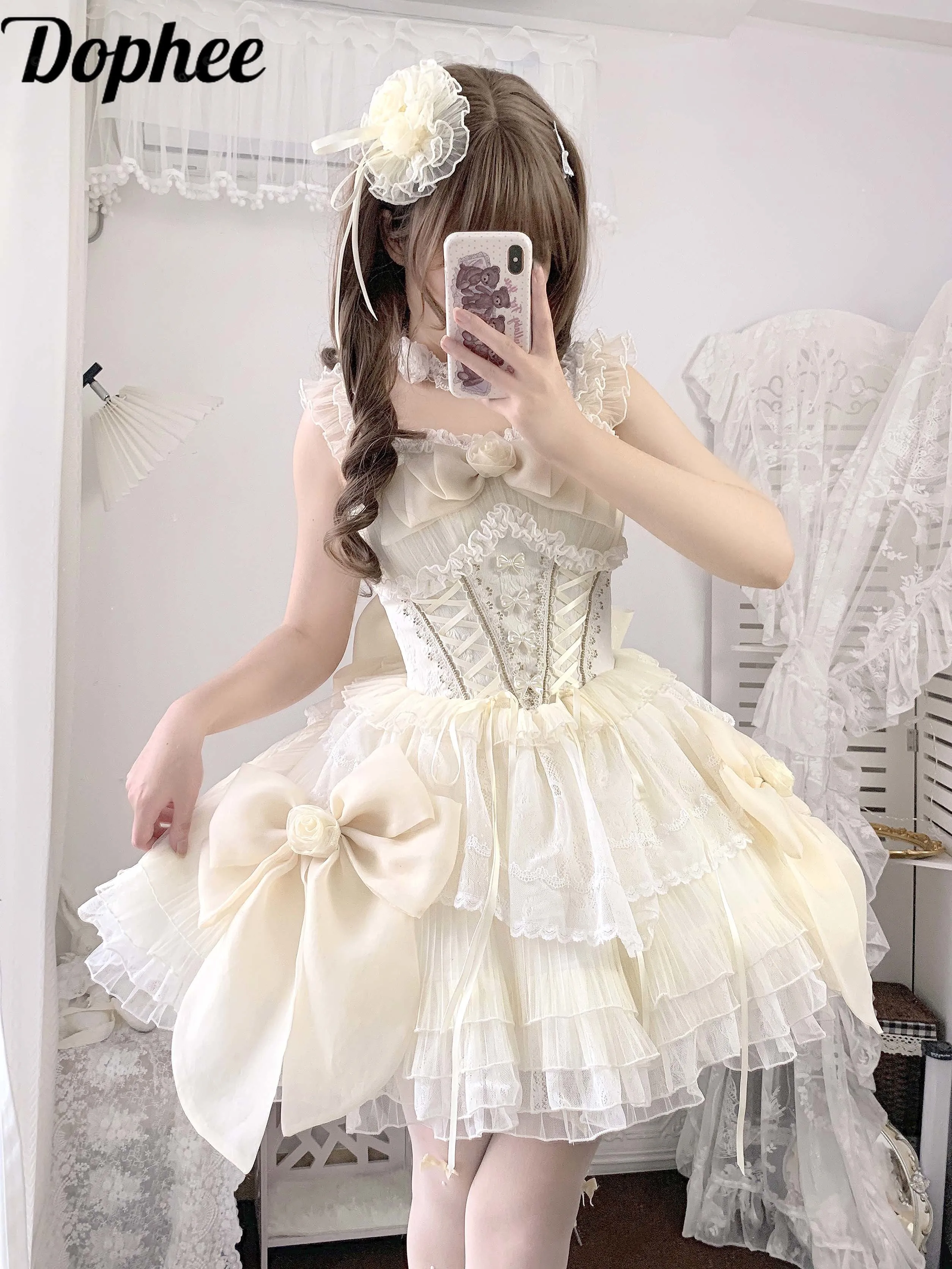 Dophee Original ผู้หญิงชุดแต่งงานดอกไม้ Elegant ลูกไม้เย็บแขนกุดชุดกระโปรง Lolita วันเกิดชุดสั้น