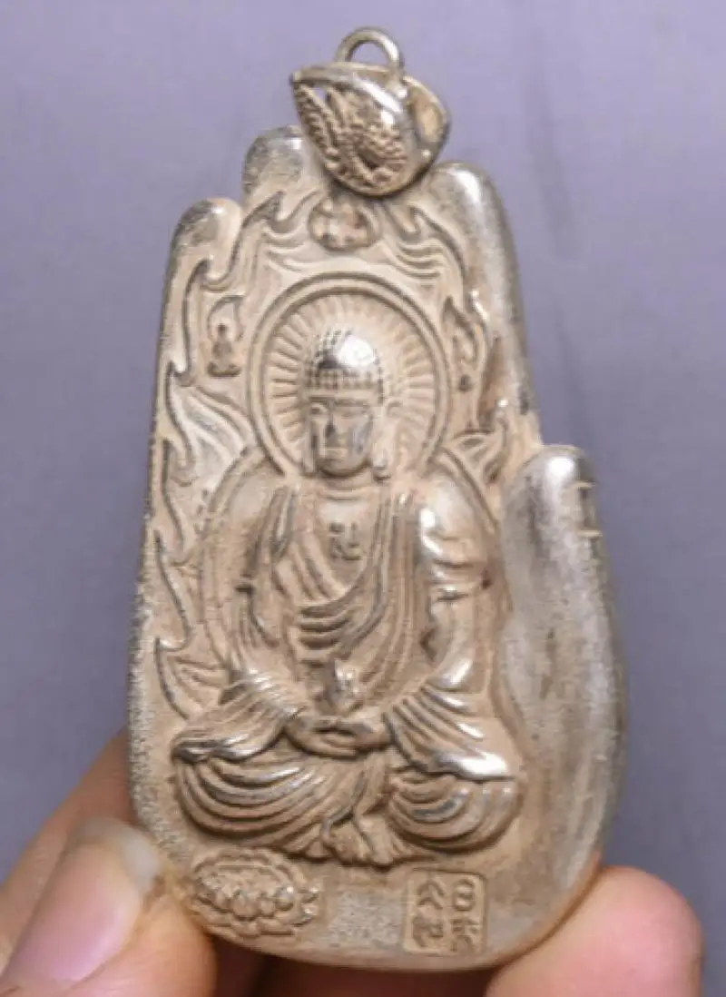 6.5Cm Old Tibet Silver Shakyamuni Amitabha Buddha Words Bergamot Amulet Statues