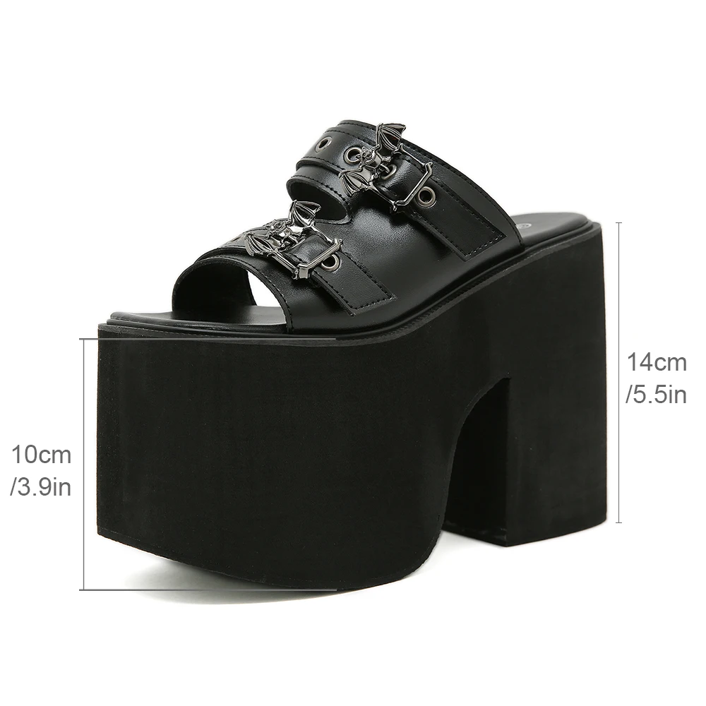 Gdgydh Goth Bat Buckle Decor Platform Sandals for Women Fashion Open Toe Summer Shoes Slip On Heeled Sandals Slingback Outdoor