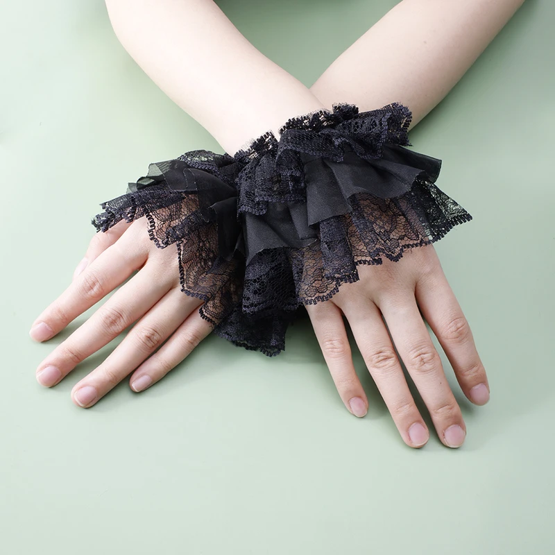 Mangas falsas de encaje multicapa cortas para niña, decoración con volantes, muñequeras sin dedos, guantes de novia para boda, pulsera de disfraz de sirvienta