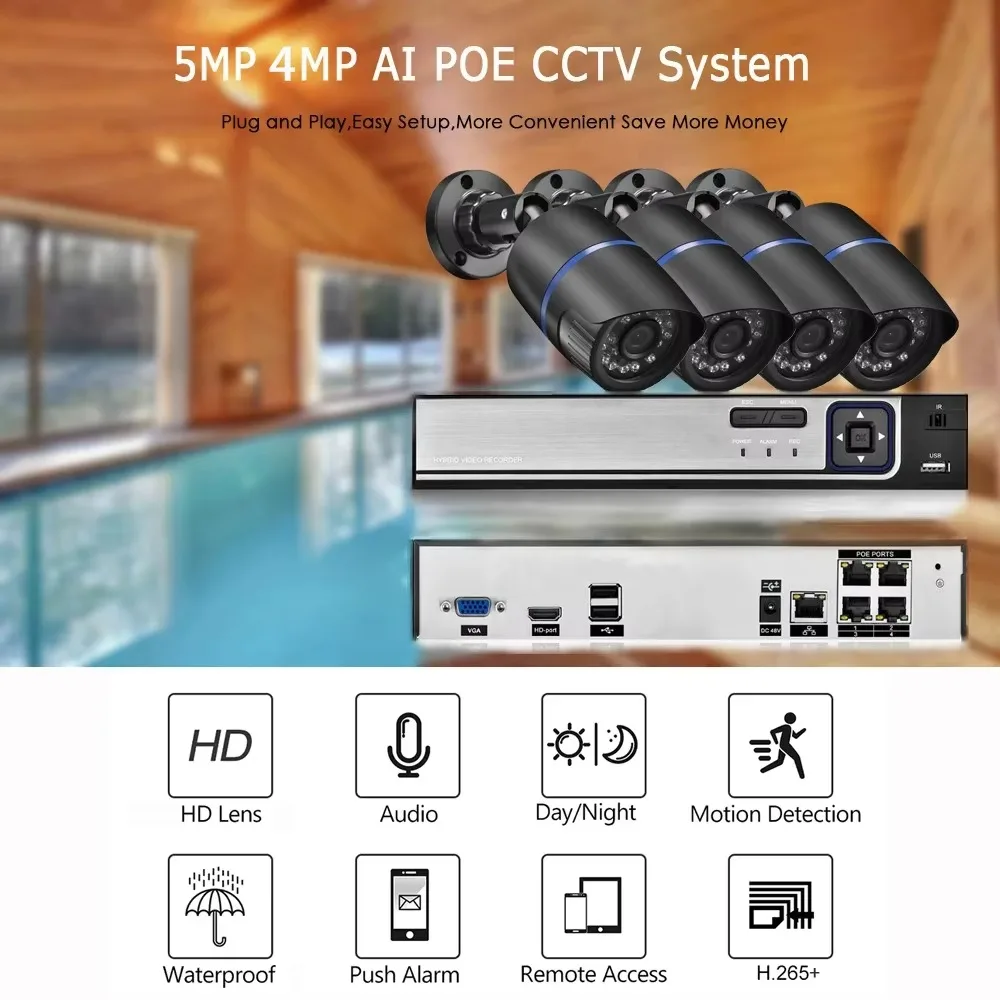 Gadinan H.265AI 5MP Outdoor Camera POE NVR CCTV Video Kit System Bullet Surveillance 5MP/4MP IP Smart Audio Webcam