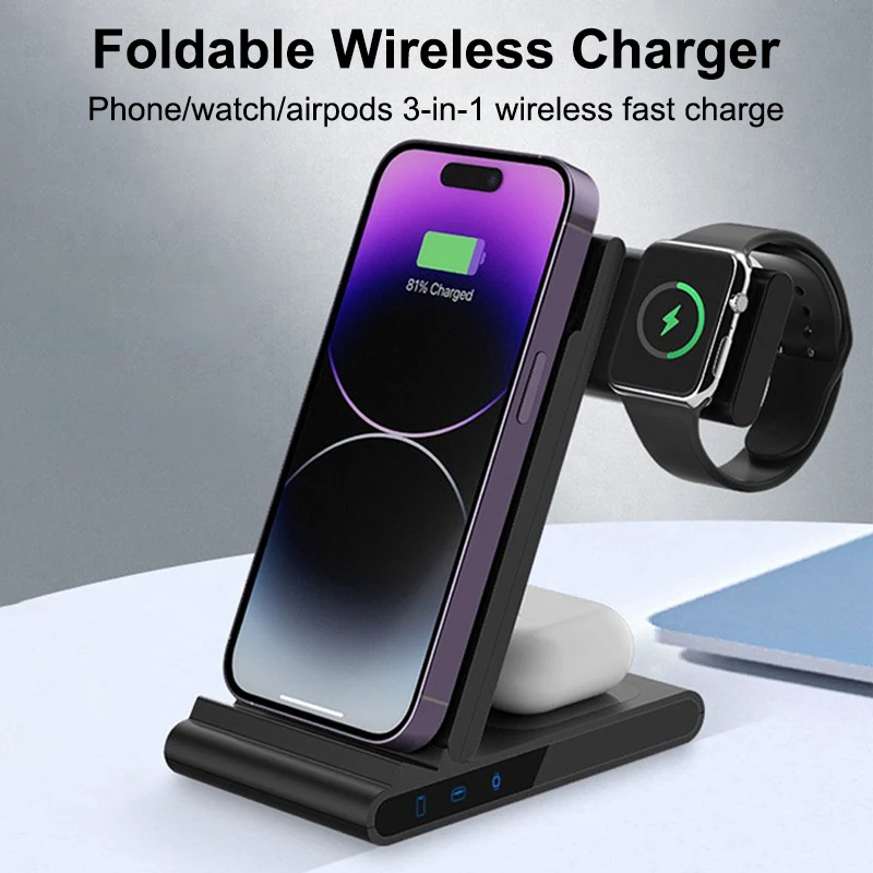 3-in-1 Foldable Wireless Chargers Cellphone Watch Earphone Fast Charging Dock Station for iPhone 14 Samsung AirPods Apple Watch