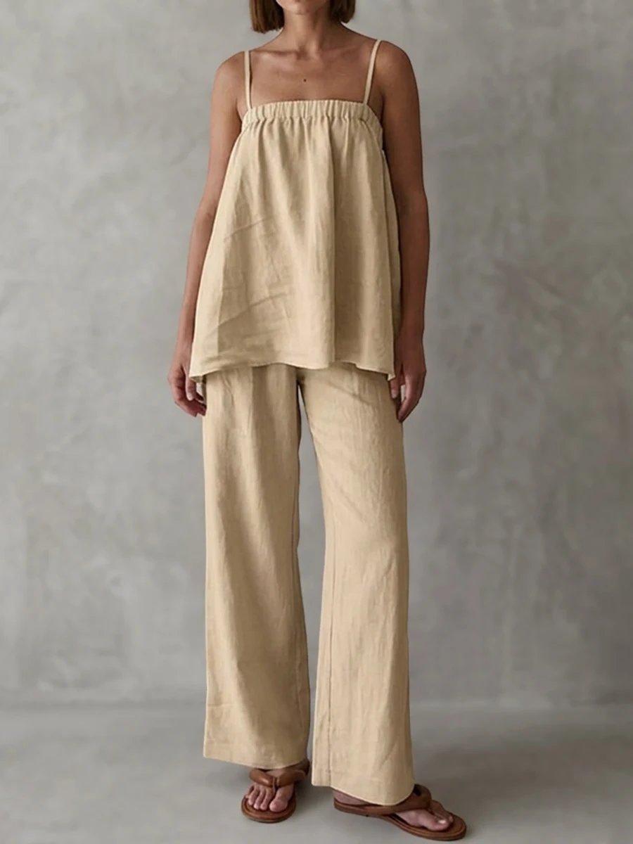 

Onecozyday 2026 Summer Casual Apricot Pant Sets for Women Camisole Top & Elastic High Waist Wide Leg Pants Linen Outfits