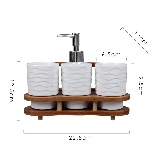 White Ceramic Bathroom 3-piece Set Wooden Frame Base Lotion Bottle Mouth Cup Toothbrush Holder Supplies Wash