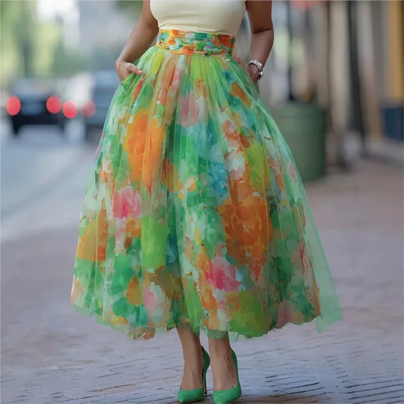 Elegant Color Blocked Women's Clothing Bohemian Fashion Big Hem A-line Half Skirt Summer Beach Vacation Versatile  Half Skirts