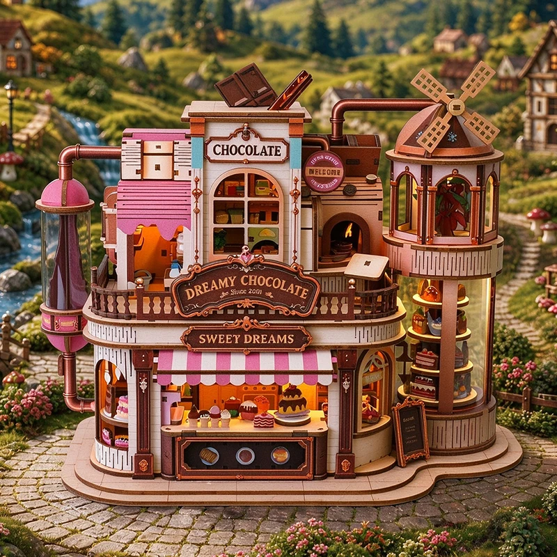 DIY Wooden Chocolate Workshop Cottage Figurines Miniatures Kits Mini Casa for Friends Birthday Xmas Gifts Home Decor Crafts