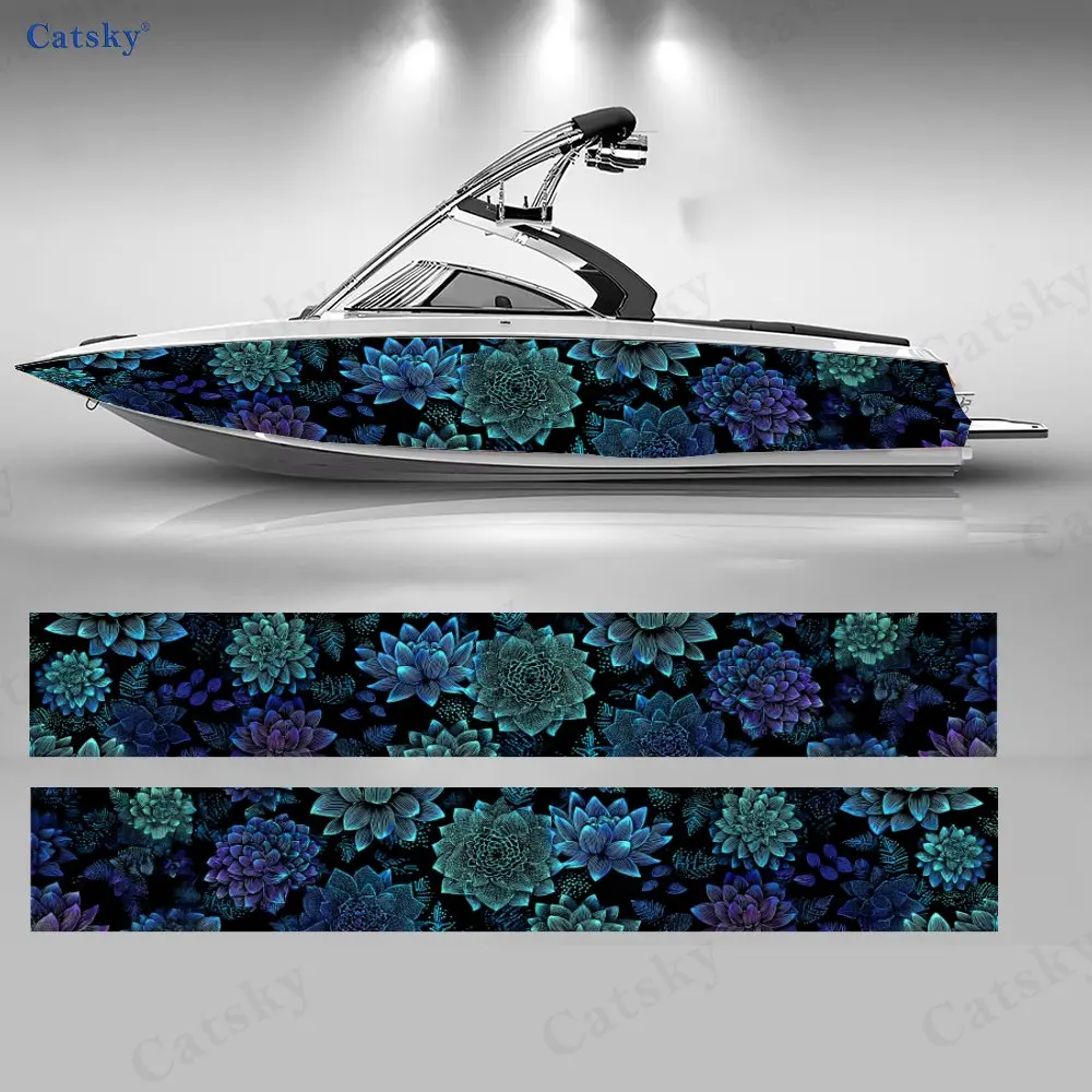 2PcsDark Night Lotus Blossom Boat Sticker, PVC Waterproof Durable Vinyl Wrap Decals for Fishing Boat, Durable and Stylish Design