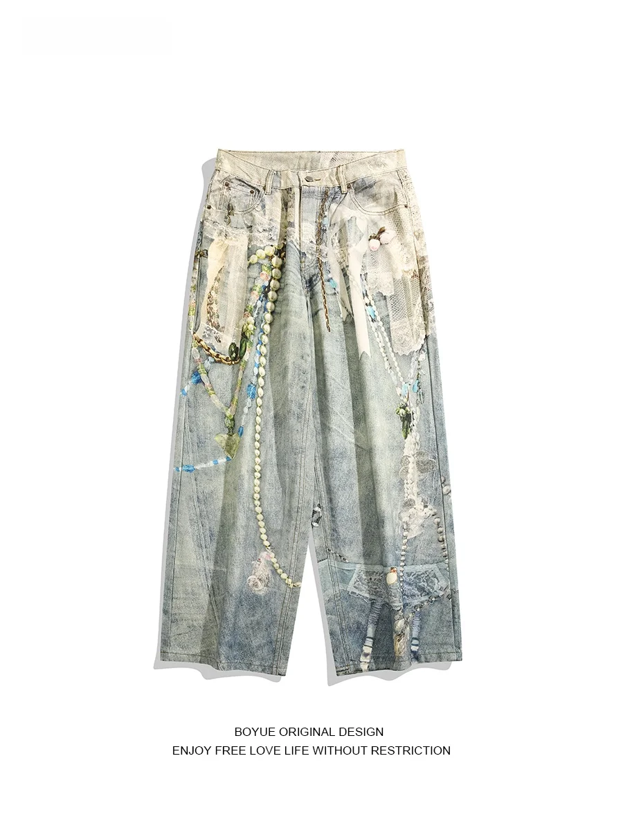 

Джинсы Boyue American Heavy Industry с цепочкой и 3D-принтом в стиле хип-хоп, винтажные пряные женские и мужские широкие брюки, повседневные хлопковые полиэстеры...