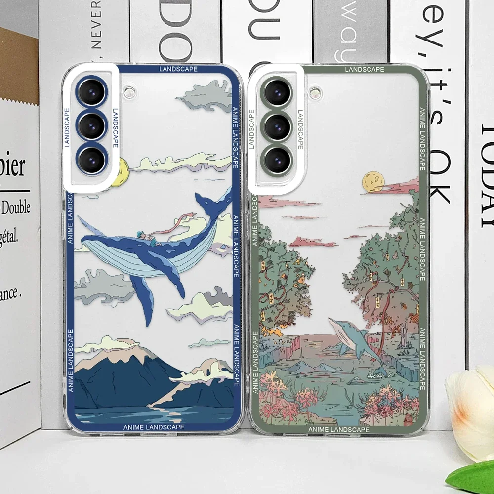 Japan Landscape Cloud Whale Clear Phone Case for Samsung A55 A54 A53 A51 A70 A32 A31 A22 A13 5G Transparent Soft Cover Art Funda