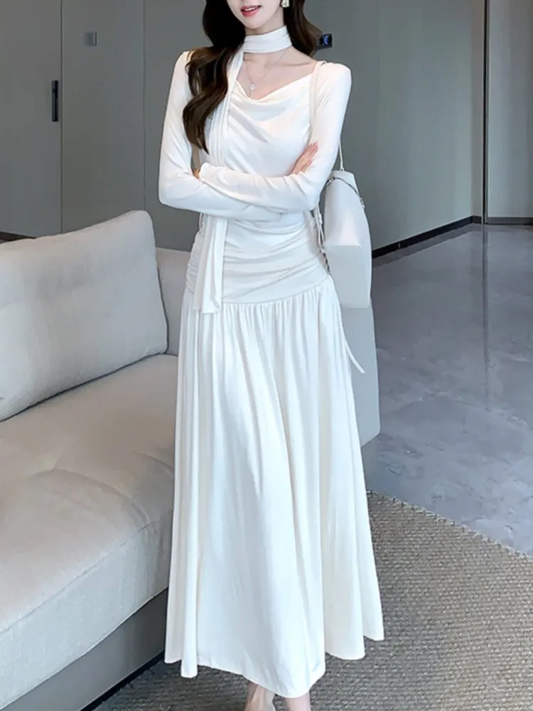 

Elegant Solid Evening Dresses for Women Autumn Wedding Prom Robe Pleated Halter Long Sleeves Swinging Collar Vestidos Mujer New