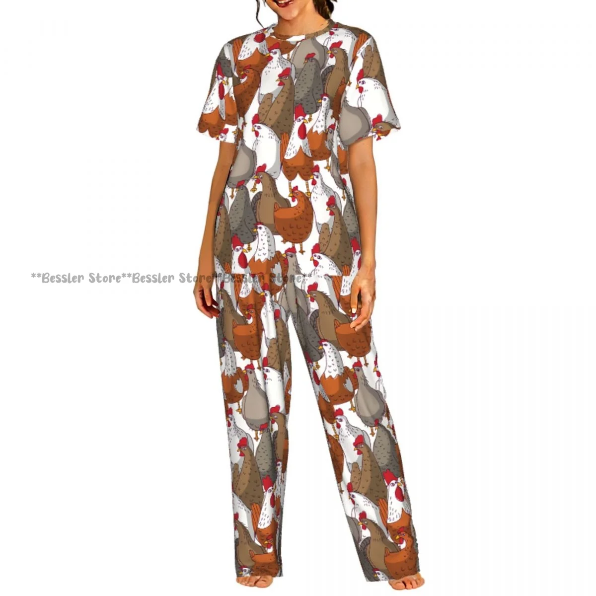 

Женский комплект из 2 предметов: пижама с принтом курицы, топ с короткими рукавами и брюки для сна