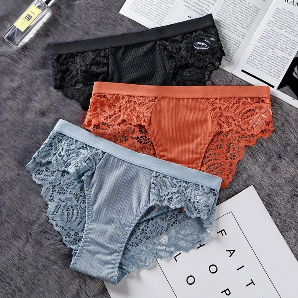 3Pcs Ice Silk Thin Women Panties Plus Size Briefs Sexy Lace Hollow Hot Low-waist Briefs Seamless Female Lingerie Temptation S-XL