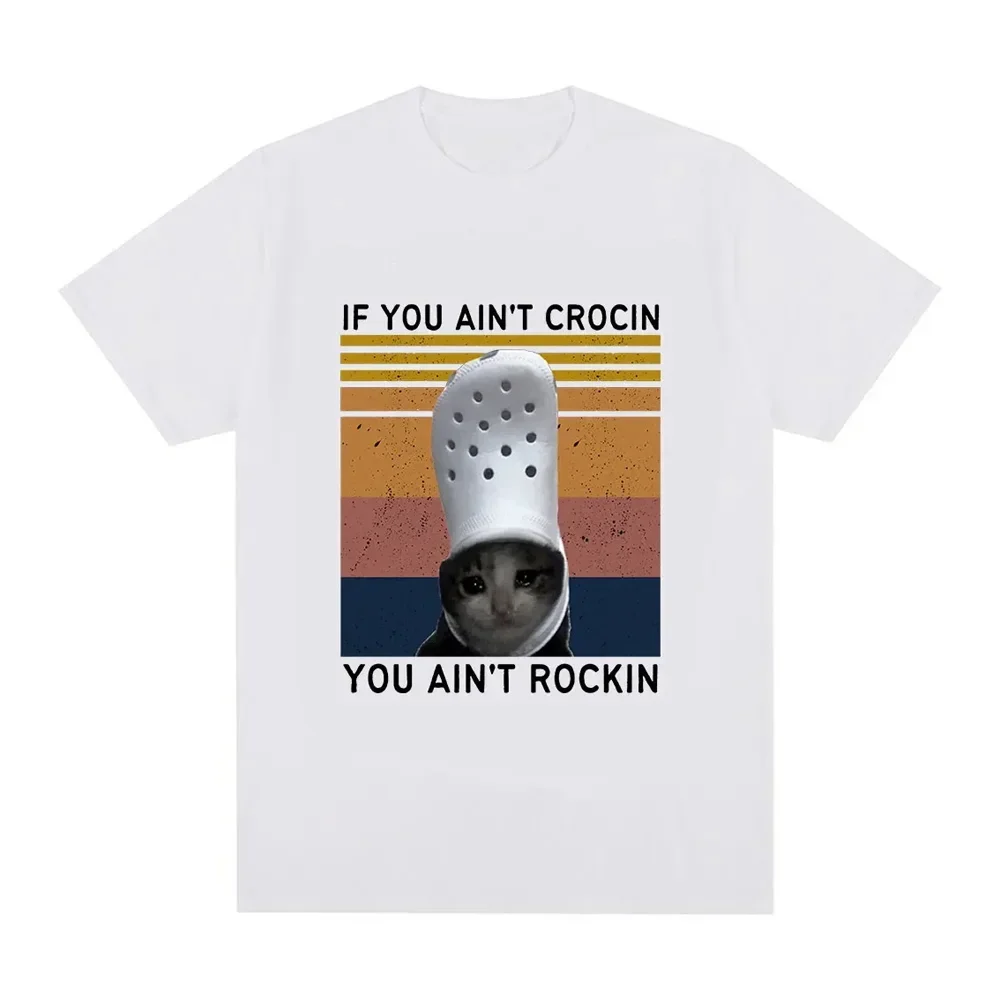 Funny Crying Cat Croc Meme Graphic Print Women Fun Tee Short Sleeve Round Neck Casual Daily Unique Design Women Summer Clothing