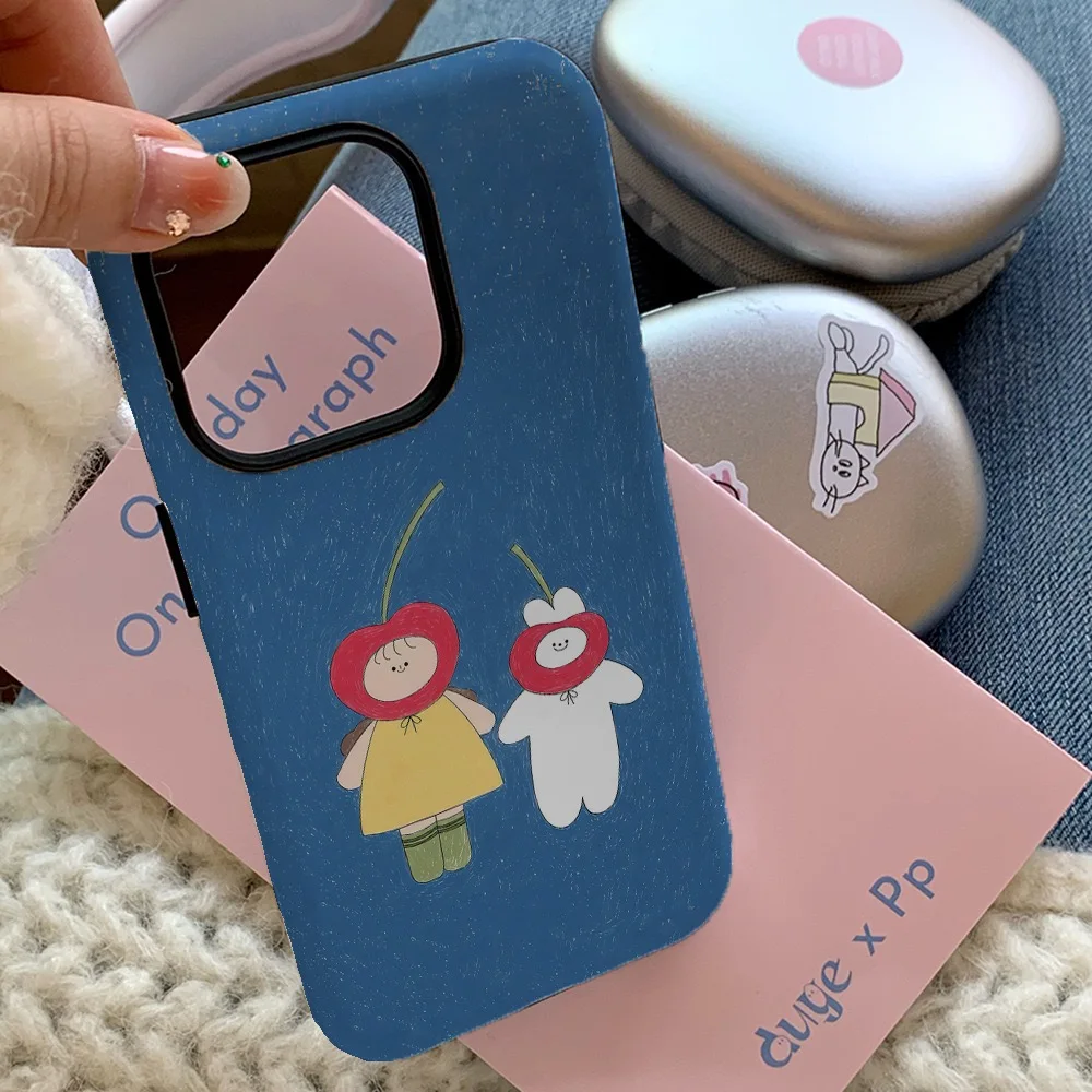 Ins Korean Blue Cherry Girl Cartoon Case for IPhone 16 15 14 13 Pro Max 12 Mini 11 Pro Plus Shockproof Protective Hard PC Cover