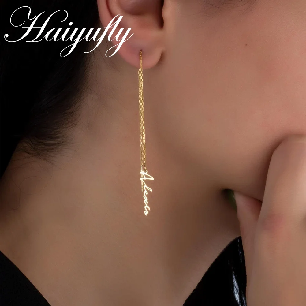

Haiyufly Custom Name Dangle Earrings for Women Stainless Steel Jewelry Long Chain Threader Earring Personalized Birthday Gift