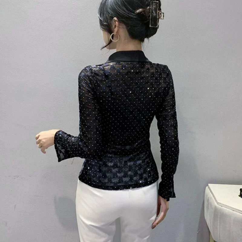 Spring Autumn Polo-neck Diamonds Mesh Patchwork Buttons Shirt Female Long Sleeve Elegant Fashion All-match Blouse Women\'s Top