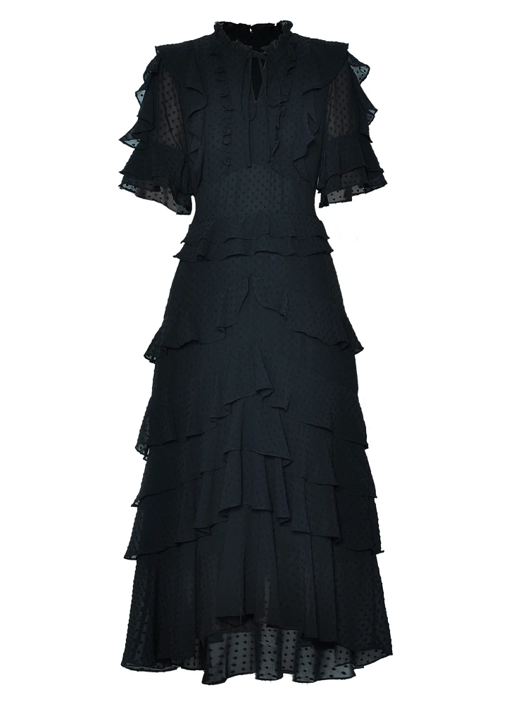 2025 departamento de verão led manga curta cintura apertada babados elegante bainha grande em camadas moda feminina preto vestidos de bolo longo